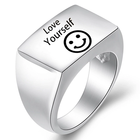 Anillo de Sello Rectangular de Acero Inoxidable Grabado con Láser Love Yourself Cara Sonriente Oro Plata Negro Banda para Hombre Mujer