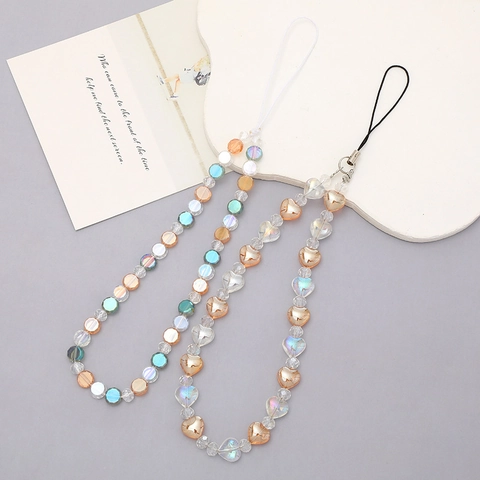 Beaded Phone Chain Crystal Heart Round Beads Hand Strap Anti-lost Lanyard Short Wristlet Charm Fashion Jewelry For Women