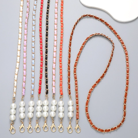 Cordón para Teléfono Elegante de Cuero PU Trenzado con Cadena de Metal y Decoración de Perla Artificial para Mujer