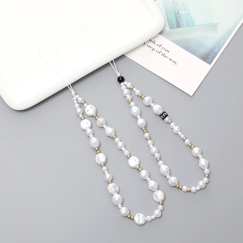 Korean Style Elegant Artificial Pearl Phone Chain Beaded Anti-Drop Wrist Strap For Women Phone Case Charm With Letter C