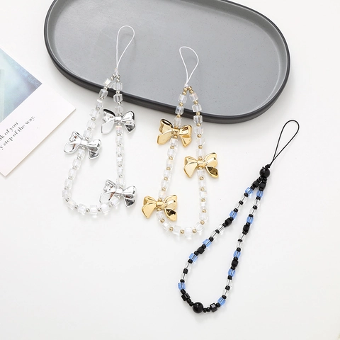 Crystal Square Beaded Phone Chain With Bowknot Decoration For Women Anti-lost Wrist Strap Handbag Keychain Jewelry Accessory