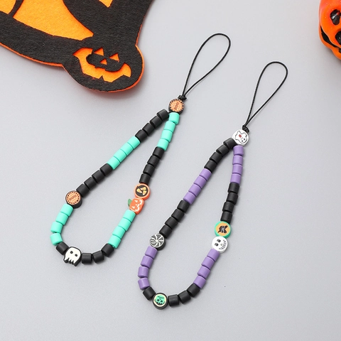 Halloween Beaded Phone Charm Pumpkin Skeleton Ghost Decor Polymer Clay Resin Anti-Lost Wrist Strap Festive Mobile Phone Lanyard