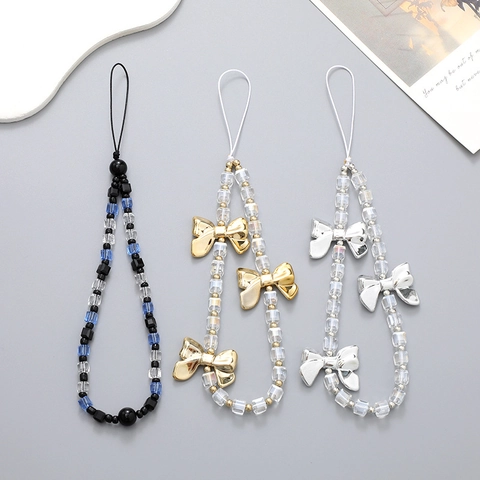 Crystal Square Beaded Phone Chain With Bowknot Decoration For Women Anti-lost Wrist Strap Handbag Keychain Jewelry Accessory