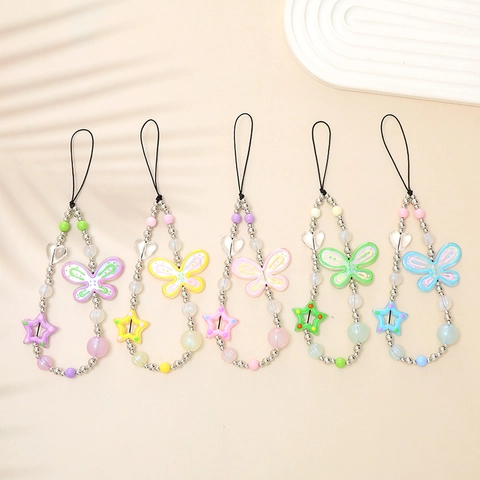 Handbemalte Schmetterling Perlen Handykette Bonbonfarben Sternanhänger Schlüsselband Anti-Verlust Handschlaufe Damen Phone Charm