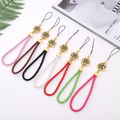 Vintage Camellia Flower Braided Phone Lanyard Metal Charm Elegant Wrist Strap Anti-lost Phone String For Women Handheld Hanging Accessory Gift