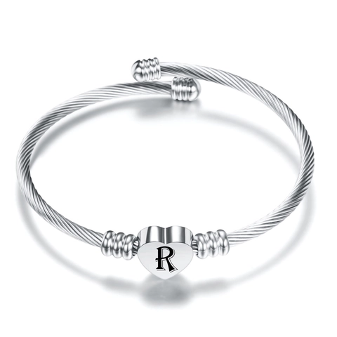 Bracciale Rigido Aperto in Cavo Intrecciato in Acciaio Inossidabile Con Ciondolo a Cuore Con Iniziale Alfabeto Per Donna Gioielli Personalizzati