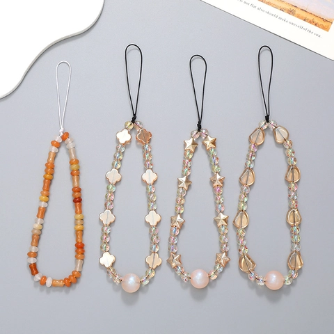 Crystal Beaded Phone Chain Four Leaf Clover Star Anti-Lost Wrist Strap Fashion Mobile Phone Charm Lanyard For Women Jewelry