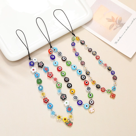 Handmade Glass Beaded Phone Chain Colorful Flower Evil Eye Phone Lanyard Anti-Loss Wrist Strap For Women Phone Decoration