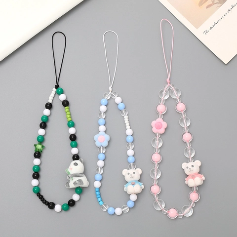 Handmade Beaded Phone Lanyard Cute Cartoon Bear Panda Pattern Short Wrist Strap Anti-Lost Phone Case Charm Hanging Decoration Resin Acrylic Bead Strap For Women Girls
