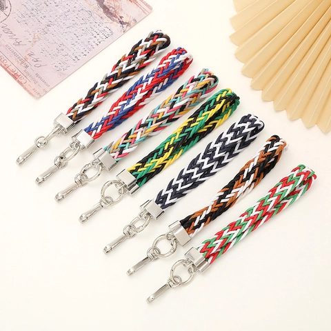 Colorful Woven Wrist Strap Keychain Polyester Cotton Braided Phone Case Lanyard For Women Fashion Key Ring Accessory Gift