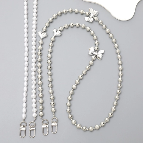 Universal Mobile Phone Lanyard Crossbody Chain With Heart Bow Charm Metal Beads Artificial Pearl Strap For Women Fashion Accessories