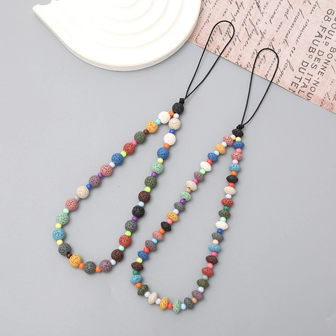 Correa de Teléfono de Piedra Volcánica Natural Abalorios Coloridos Cordón Anti-pérdida Cadena de Celular para Mujer
