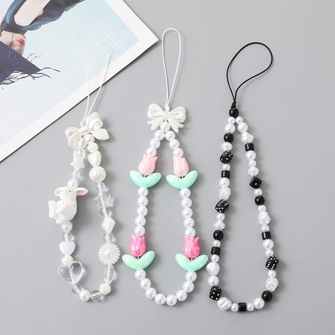 Handmade Beaded Phone Chain Strap With Artificial Pearl Bowknot Tulip Bunny Dice Charm Anti-fall Lanyard For Women Jewelry