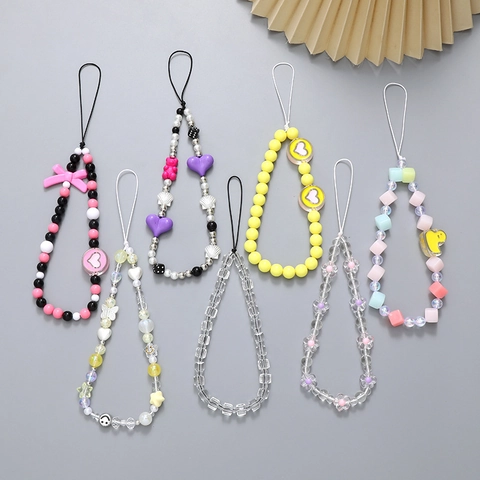Handmade Beaded Phone Strap Colorful Plastic Resin Bow Heart Duck Flower Charm Sweet Cool Y2K Anti-Lost Wrist Strap Hanging Decor For Women