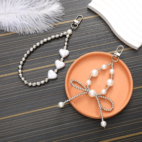 Mode Künstliche Perlen Herz Schleife Schlüsselanhänger Kreative Künstliche Perle Schleife Handy Anhänger Für Damen Elegante Tasche Anhänger Zubehör