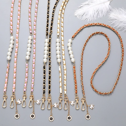 Elegant Artificial Leather Interwoven Alloy Metal Chain Bag Strap Artificial Pearl Camellia Flower Charm Phone Chain Accessory