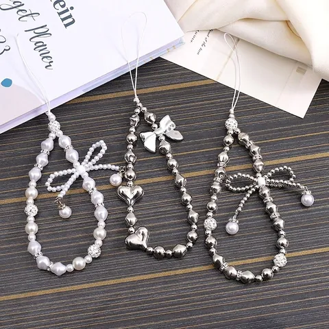 Fashion Beaded Phone Chain Lanyard Hand Strap For Women Girls Anti-Lost Case Charm With Artificial Pearl Bowknot Heart Pendant