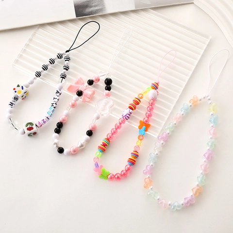Colgante para Teléfono de Cuentas Acrílicas Corazón Lazo Cereza Letra Color Macarrón Cordón Anti-Caída para Mujeres Niñas