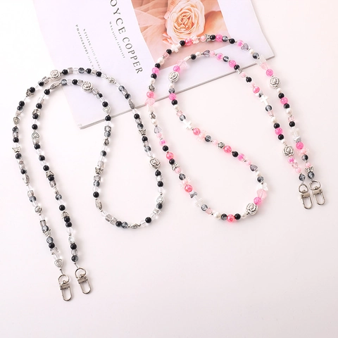 Vintage Beaded Phone Lanyard Crossbody Chain With Rose Flower Heart Cross Beads Fashion Handmade Mobile Phone Strap For Women
