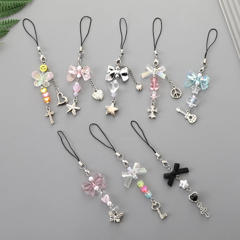 Ciondolo per Telefono con Fiocco Cuore Stella in Lega e Acrilico Portachiavi con Perline Ciondolo per Borsa per Donna Ragazze Decorazione Quotidiana