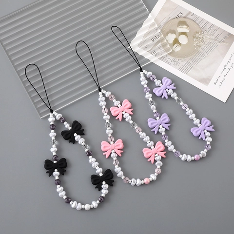 Colgante para Teléfono de Cuentas con Lazo Estilo Ins Patrón Corazón Perla Artificial Correa de Muñeca Anti-Perdida para Mujer