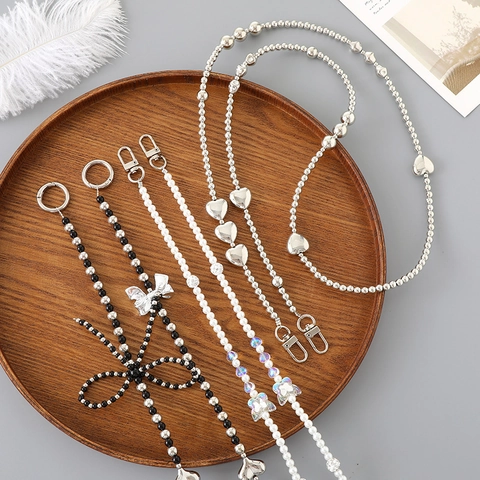 Beaded Heart Bowknot Crossbody Phone Lanyard Artificial Pearl Metal Chain Bag Replacement Strap Decorative Accessory For Women