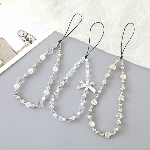 Handgefertigte Perlen Handykette Lanyard Künstliche Perle Kristall Legierung Stern Schleife Muster Lanyard Für Damen Handyhülle Dekor
