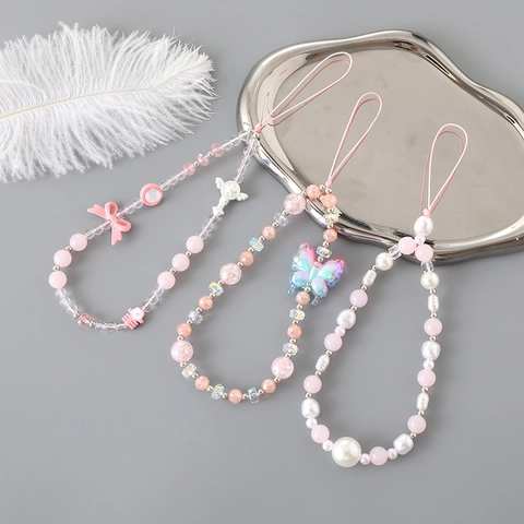 Ciondolo per Telefono in Perline Con Fiocco Rosa Per Donna Fatto a Mano Resina Stella Farfalla Imitazione Perla Artificial Accessorio