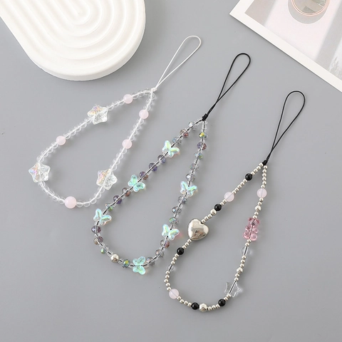 Correa de Teléfono de Cuentas de Cristal Hecha a Mano Y2K Mariposa Corazón Estrella Oso Colgante Cordón de Cámara Accesorios para Mujeres