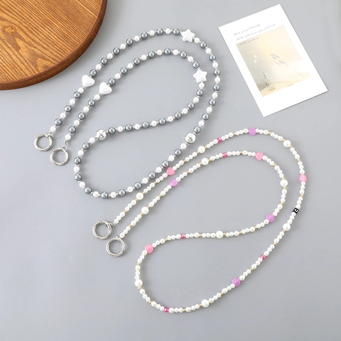 Cordón de Teléfono de Bandolera con Cuentas de Perlas Artificiales de Imitación Corazón Estrella Decoración Adorno de Bolso Correa Larga Para Mujer