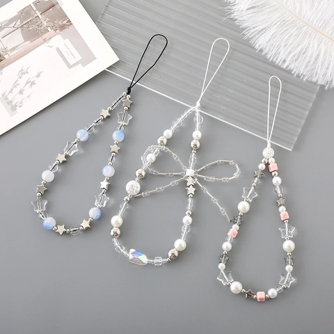 Dulce Cadena De Teléfono Con Cuentas Lazo De Perlas Artificiales Estrella Cordón De Teléfono Correa De Muñeca Anti-Perdida Dije De Acrílico Para Accesorios De Teléfono De Mujer