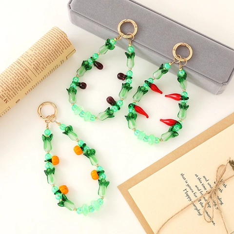 Llavero de Cuentas de Vegetales de Vidrio Lampwork Hecho a Mano Col de Cabbage Verde Chile Calabaza Berenjena Colgante de Bolso Regalo