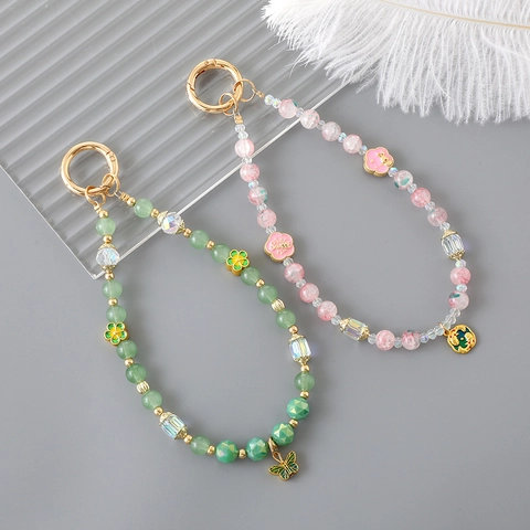 Luxury Beaded Keychain Phone Lanyard For Women Fashion Bow Flower Butterfly Heart Charm Artificial Pearl Bag Pendant Jewelry Accessory