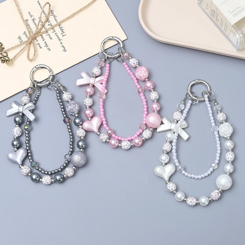 Portachiavi con Perline a Doppia Catena con Fiocco e Cuore da Donna Ciondolo per Borsa in Perle Artificiali e Strass Accessori