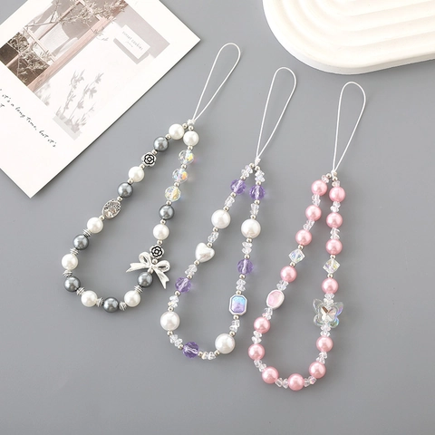 Handmade Beaded Phone Lanyard For Women Sweet Heart Bow Knot Butterfly Acrylic Bead Chain Mobile Strap For Camera Bag Keychain Accessory