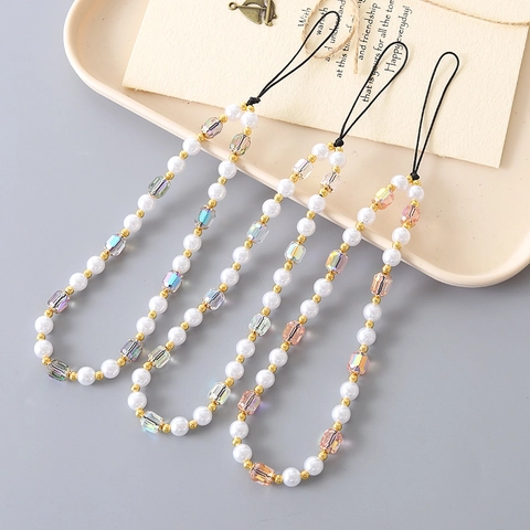 Cadena de Teléfono Hecha a Mano con Perlas Artificiales Resina Cristal Cordón de Lujo para Mujer Correa de Muñeca para Cámara
