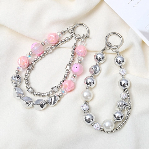 Mode Verzilverde Dubbele Ketting Kralen Sleutelhanger Voor Vrouwen Creatieve Strass Kunstmatige Parel Telefoon Strap Tas Hanger