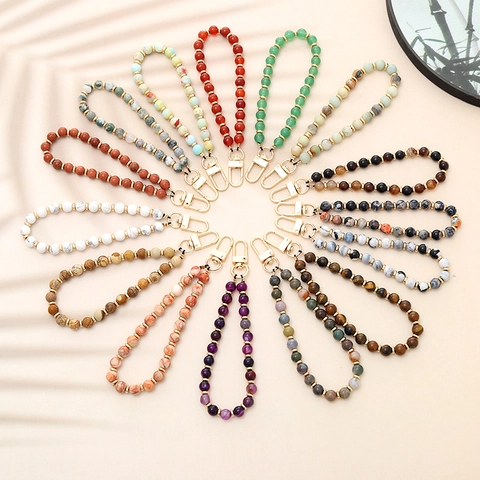 Neo Chinese Natural Stone Beaded Keychain For Women Aventurine Agate Tiger Eye Bag Charm Phone Lanyard Wrist Strap