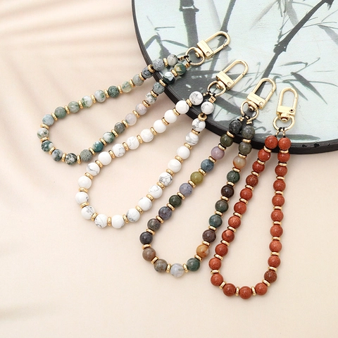 Neo Chinese Natural Stone Beaded Keychain For Women Aventurine Agate Tiger Eye Bag Charm Phone Lanyard Wrist Strap