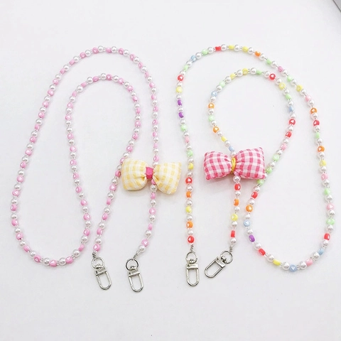 Handmade Acrylic Artificial Pearl Heart Crossbody Phone Chain With Plaid Bow For Women Phone Case Bag Decorative Lanyard Accessory