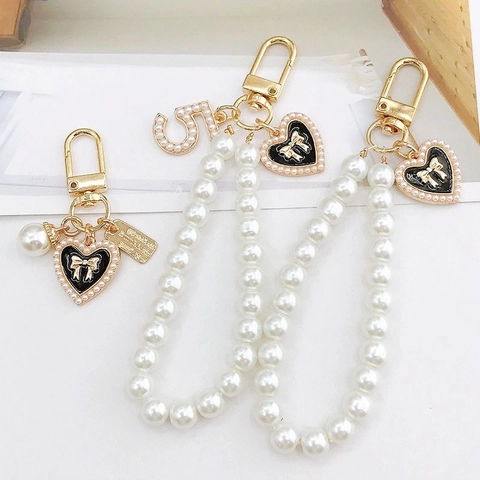 Künstliche Perle Herz Schleife Nummer 5 Schlüsselanhänger Für Damen Legierung Strass Anhänger Tasche Charm Handyband Zubehör