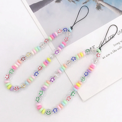 Handgemaakte Acryl Smiley Telefoonbedel Kleurrijke Macaron Kralen Mobiele Band Anti-drop Koord Telefoonhoesje Hanger Sieraden Vrouwen