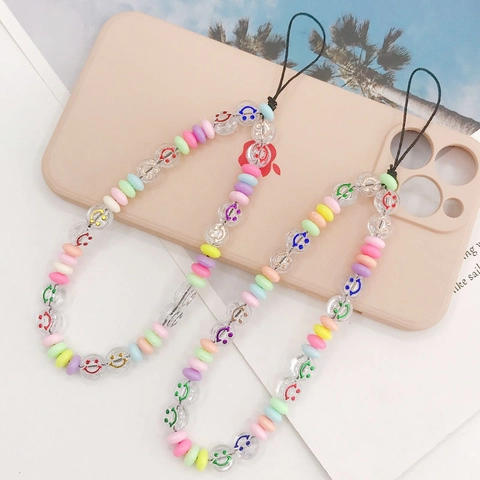 Handgemaakte Acryl Smiley Telefoonbedel Kleurrijke Macaron Kralen Mobiele Band Anti-drop Koord Telefoonhoesje Hanger Sieraden Vrouwen