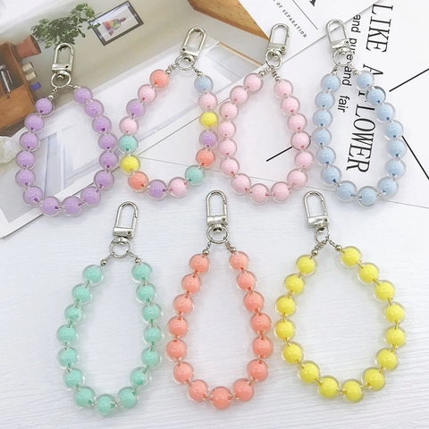 Acrylic Beaded Keychain Candy Color Phone Strap For Women Bag Charm Cute Beaded Lanyard Hand Strap Accessory