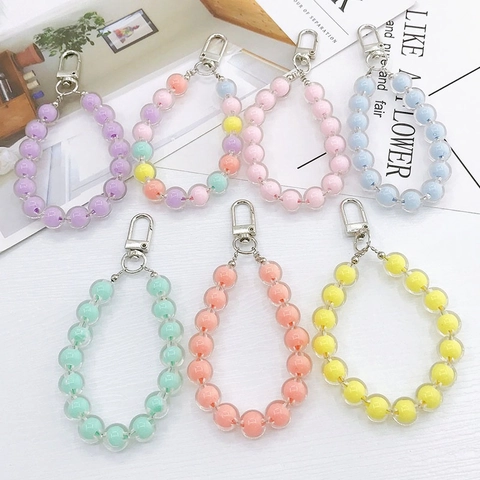 Acrylic Beaded Keychain Candy Color Phone Strap For Women Bag Charm Cute Beaded Lanyard Hand Strap Accessory