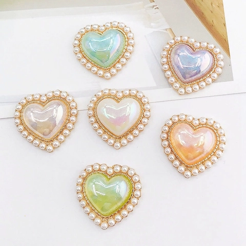 Alloy Heart Charms With Faux Artificial Pearl Border Iridescent Resin Center For DIY Jewelry Making Shoe Decor Accessories