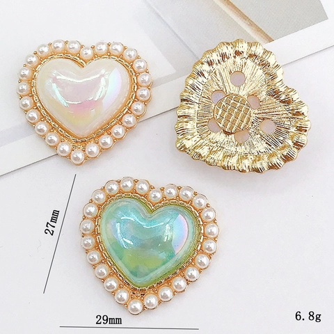 Alloy Heart Charms With Faux Artificial Pearl Border Iridescent Resin Center For DIY Jewelry Making Shoe Decor Accessories