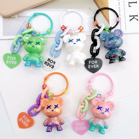 Electroplated Pearl Cartoon Bear Keychain Plastic Resin Bear Bag Pendant With Heart Tag Letter Beads For Students Gift