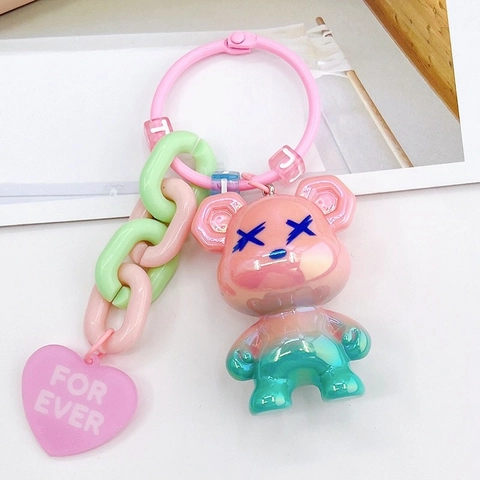 Electroplated Pearl Cartoon Bear Keychain Plastic Resin Bear Bag Pendant With Heart Tag Letter Beads For Students Gift