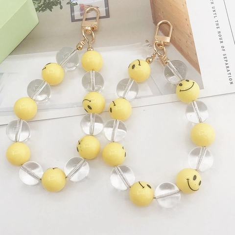 Acryl Smiley Gesicht Perlen Schlüsselanhänger Handy Anhänger Gelb Transparente Harzperlen Accessoire Für Damen Tasche